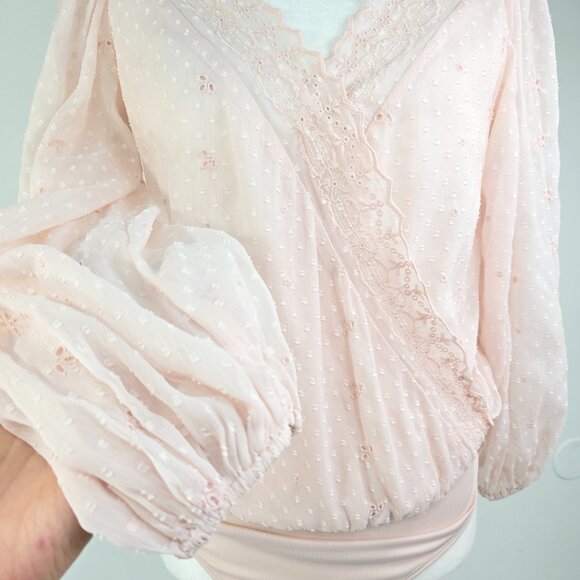 Express Surplice Blush Pink Eyelet Lace Wrap Long Sleeve Bodysuit Top - Picture 8 of 13